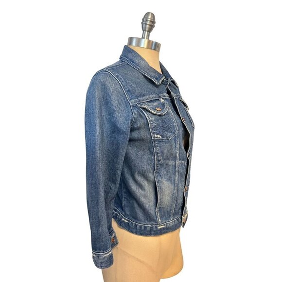 7 For All Mankind Womens Denim Jacket Medium Wash Distressed Button-Up Small - Picture 2 of 5